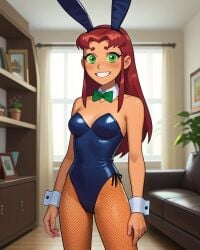 2025 ai_generated badbunnywaifu blushing_at_viewer blushing_female bunny_ears bunnysuit cartoon_network dc dc_comics embarrassed_female green_eyes green_necktie house instagram looking_at_viewer meta orange_body orange_cheeks orange_skin red_hair shy_smile smile_at_viewer smiling_at_viewer starfire_(teen_titans) teen_titans white_bracelets