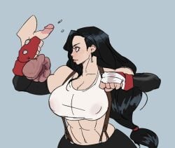 abs ballbusting balls black_hair breasts bruised_balls cbt cock_and_balls_torture cropped_legs cum_drop disembodied_penis elbow_gloves erect_penis erection female final_fantasy final_fantasy_vii grabbing_balls large_breasts long_hair low-tied_long_hair lycansuart male muscular muscular_female nipples_visible_through_clothing penis punching_balls simple_background suspenders swollen_balls tank_top tifa_lockhart white_tank_top