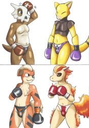 2025 abra absurd_res anthro boxing_gloves brown_eyes clothing cubone dcheese female fur generation_1_pokemon grey_eyes group growlithe handwear hi_res male multicolored_body multicolored_tail nintendo panties pokemon pokemon_(species) ponyta speedo swimwear tail tan_body tan_fur underwear yellow_body yellow_tail