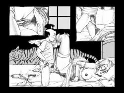 1boy age_difference bed breasts daughter_(milftoon_adventure) female female_pubic_hair fuk_yu greyscale japanese_clothes large_breasts lying male milf milftoon_adventure monochrome nipples penis pillow pubic_hair pussy sex straight thighhighs uncensored vaginal_penetration