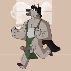 anthro apron apron_only arm_hair balls barely_visible_nipples barrista beverage black_hair body_hair chest_hair coffee coffee_cup container cup equid equine erection foreskin fur genitals grey_body grey_fur hair hi_res hooves horse hot_drink leg_hair male male_anthro mammal muscular muscular_male nardodraws navel nipples penis pitcher pubic_stubble running simple_background smile solo steam uncircumcised window