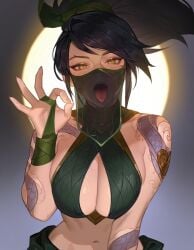 ai_generated akali black_hair fellatio_gesture female hair_ribbon large_breasts league_of_legends league_of_legends:_wild_rift looking_at_viewer lud0vicc navel open_mouth riot_games sexually_suggestive simple_background solo tongue tongue_out upper_body yellow_eyes