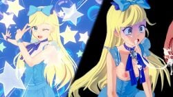 1boy 1girls after_oral blonde_hair blue_eyes breasts cum cum_in_mouth cum_trail female hair_ribbon hi_res highres himitsu_no_aipri hoshikawa_mitsuki idol instant_loss koikatsu koikatsu_(medium) light-skinned_female light_skin long_hair male nipples peace_sign penis pretty_(series) pretty_series s_(pixiv_841731) wink