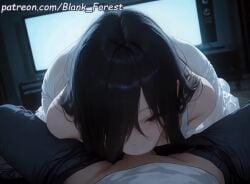 1boy :>= ai_generated animated bangs bare_shoulders bedroom black_eyes black_hair black_pants black_shirt blank_forest blush boxers breasts brown_eyes cleavage clock collarbone cum dress_shirt erection erection_under_clothes fellatio female ghost grey_eyes hair_over_one_eye indoors jeans large_breasts long_hair looking_at_viewer lying male medium_breasts messy_hair mole mole_under_eye mosaic_censoring off-shoulder_sweater off_shoulder oral pants penis penis_grab pov sadako_yamamura saliva see-through shirt sidelocks slit_pupils solo_focus straight sweat sweater tagme television the_ring undead underwear very_long_hair video white_pants white_shirt yamamura_sadako