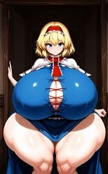 ai_generated alice_margatroid black_gloves blonde_hair blue_dress blue_eyes breasts brooch capelet cleavage cleavage_cutout dress eyelashes female fingerless_gloves gloves hairband highres hips hitotouhoulove holding holding_book jewelry large_breasts red_hairband short_hair solo thick_thighs thight_clothing touhou upper_body white_background white_capelet wide_hips