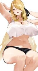 absurdres armpits arms_up black_shorts blonde_hair blush breasts cleavage creatures_(company) crop_top crop_top_overhang cynthia_(pokemon) dolphin_shorts female game_freak grey_eyes hair_ornament hair_over_one_eye half-closed_eyes highres huge_breasts long_hair looking_at_viewer nintendo open_mouth pokemon pokemon_dppt shorts sleeveless smile solo sweat white_background yuuyuu_(yuuki1771)