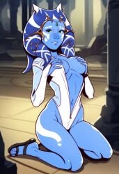 ai_generated blue_body body_marks clothed kelana_rin kneeling looking_at_viewer naughty_face navel sandals seductive smile star_wars togruta