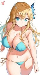 1girls artist_name belko bikini blonde_hair blue_bikini blue_eyes blush boku_wa_tomodachi_ga_sukunai breasts butterfly_hair_ornament cleavage collarbone curvy dated groin hair_ornament hi_res highres huge_breasts kashiwazaki_sena large_breasts long_hair looking_at_viewer navel open_mouth sena_kashiwazaki side-tie_bikini_bottom simple_background smile stomach swimsuit thick_thighs thighs white_background wide_hips