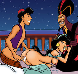 2010 aladdin aladdin_(character) anal arabian_clothes bad_guy cum_in_ass cum_in_mouth disney disney_prince disney_princess disney_villains erect_penis exposed fellatio female gangbang group_sex harem_outfit human humanoid jafar male mmf mmf_threesome nipples oral penis princess_jasmine spitroast straight threesome