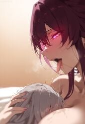 2girls ai_generated between_breasts blush breasts drooling female female_only fingernails glowing glowing_eyes grey_hair hand_on_another's_head honkai:_star_rail honkai_(series) hoyoverse kafka_(honkai:_star_rail) large_breasts long_hair mihoyo multiple_girls mur_ai_nsfw open_mouth pink_eyes pink_nails purple_eyes purple_hair saliva saliva_trail sweat tongue tongue_out trembling yuri