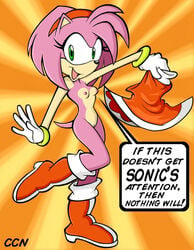 amy_rose beige_skin boots ccn cel_shading chadthecartoonnut color dress english_text female female_only fur furry gloves green_eyes hedgehog holding_clothing holding_object huge_eyes looking_aside looking_at_viewer mostly_nude on_one_foot pink_fur sega side_view smile solo sonic_(series) standing text toony