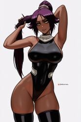 1girls absurdres arm_behind_head artist_name bare_shoulders black_leotard black_thighhighs bleach breasts dark-skinned_female dark_skin female female_focus hair_ornament highres holding holding_own_hair large_breasts leotard lips long_hair looking_at_viewer parted_bangs patreon_username ponytail prixmal purple_hair shihouin_yoruichi shiny_skin simple_background skindentation standing teeth thick_thighs thighhighs thighs white_background yellow_eyes