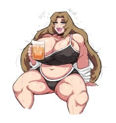 1girls beer beer_belly big_breasts big_woman blue_eyes bra breasts drunk female heart_tattoo huge_breasts limbus_company littleteze mug project_moon rodion_(limbus_company) simple_background tattoo white_background