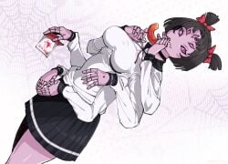 2021 5_eyes big_breasts clothed clothing donut female lemonbizate_(artist) looking_at_viewer milk_carton monster_girl muffet school_uniform schoolgirl spider spider_girl spider_web undertale undertale_(series)
