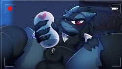 absurd_res animal_genitalia anthro balls generation_4_pokemon genitals halfpricesouls hi_res looking_at_viewer lucario male nintendo nude pokemon pokemon_(species) recording recording_video red_eyes sheath