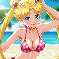 ai_generated beach bikini bishoujo_senshi_sailor_moon blonde_hair blue_eyes blush breasts female looking_at_viewer sailor_moon usagi_tsukino