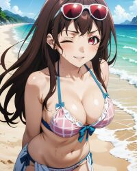 2025 ai_generated beach belly brown_hair_female female instagram light-skinned_female light_skin light_skinned_female looking_at_viewer meta orange_cheeks pekoillust pink_bikini pink_eyes smile_at_viewer smiling_at_viewer sunglasses_on_head tummy unknown_character wet_bikini wet_body wet_skin white_sunglasses winking_at_viewer
