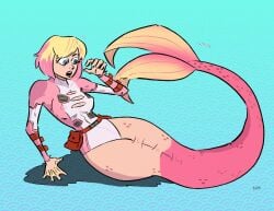 1girls blonde_hair blue_eyes breast_expansion confused confusion female female_only gwenpool marvel mermaid mermaid_girl mermaid_tail mermaid_transformation mermaidstooge mid_transformation monster_girl multicolored_hair nipple_bulge nipples_visible_through_clothing open_mouth pink_hair ripping_clothing shocked short_hair solo superhero_costume thick_thighs transformation two_tone_hair webbed_hands
