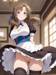 ahoge ai_generated apron arms_behind_back bangs black_dress black_legwear black_thighhighs blush bow braid breasts bright_pupils brown_hair cleavage cleft_of_venus clothes_lift clothes_pull clothing detached_collar do_you_love_your_mom_and_her_two-hit_multi-target_attacks? dress dress_pull female female female_only floating_hair frilled_apron frilled_dress frills gluteal_fold groin hair_ornament hair_ribbon headdress headwear indoors large_breasts legwear long_hair looking_at_viewer maid maid_apron maid_headdress mature mature_female medium_breasts milfhunter228 neck_ribbon nipples nopan oosuki_mamako parted_bangs parted_lips puffy_short_sleeves puffy_sleeves purple_eyes ribbon short_sleeves sidelocks skindentation skirt skirt_lift skirt_pull smile solo standing thighhighs thighs tied_hair tsuujou_kougeki_ga_zentai_kougeki_de_ni-kai_kougeki_no_okaasan_wa_suki_desu_ka? underbust uniform vagina waist_apron white_apron white_pupils wind wind_lift window
