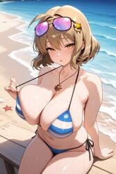 ai_generated anis_(nikke) beach big_breasts bikini breasts brown_eyes brown_hair female glasses_on_head goddess_of_victory:_nikke hairpin short_hair sitting_on_bench