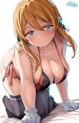 all_fours bed bed_sheet belko bikini blonde_female blonde_hair breasts cleavage dated female gloves green_eyes hi_res kantai_collection looking_at_viewer prinz_eugen_(kantai_collection) solo thighhighs thighs twintails twitter_username white_background white_gloves