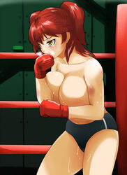 1girls big_breasts boxing boxing_gloves boxing_ring breasts bruise bruises buruma female female_only freckles gloves gundam gundam_00 huge_breasts injury large_breasts light-skinned_female light_skin mizuno_kakeru nena_trinity red_boxing_gloves red_gloves red_hair shorts sweat tear tied_hair topless twintails yellow_eyes