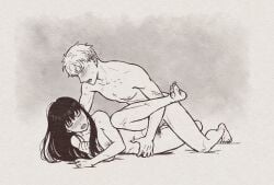 1boy 1boy1girl 1girls balls black_hair blonde_hair blush breasts closed_eyes completely_nude erection female female_penetrated female_pubic_hair gradient_background grey_background greyscale half-closed_eyes husband_and_wife kneeling loid_forger long_hair looking_at_partner looking_pleasured lying lying_on_side male male_penetrating male_penetrating_female married_couple monochrome muscular muscular_male nipples penis pubic_hair pubic_hair_peek redaster8 romantic romantic_couple scar scar_on_arm scar_on_stomach spread_legs spy_x_family straight sweat vaginal_penetration waist_grab yor_briar yor_forger