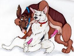 2boys all_dogs_go_to_heaven bolt_(character) bolt_(film) canine canine_genitalia canine_penis charlie_barkin collar crossover disney dog don_bluth feral gay german_shepherd male male_only mammal penis testicles white_body white_fur yaoi