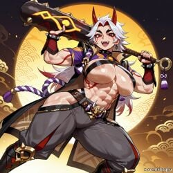 1girls abs ai_generated arataki_itto areola_slip areolae biceps breasts fangs female genderswap_(mtf) genshin_impact hip_vent holding_weapon horns japanese_clothes large_breasts long_hair muscular muscular_female nbaghu oni oni_horns red_eyes rule_63 rule_63 shiny_skin solo solo_female sweat thick_thighs thighs toned toned_female underboob weapon white_hair
