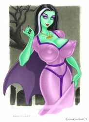 2007 areola black_hair blue_eyes breasts busty cleavage erect_nipples eyeliner eyeshadow goth goth_milf green_skin lily_munster makeup milf nipples red_lipstick rinaldi silver_hair skin_tight tagme the_munsters voluptuous