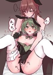 2girls aketa_mikoto animal_ear_hairband animal_ears bar_censor bare_arms black_gloves black_leotard blush breasts breasts_out breath brown_background brown_hair censored clothing_aside fake_animal_ears female fingering gloves gradient_background green_eyes green_hair hairband highres idolmaster idolmaster_shiny_colors ipomopi large_breasts leotard leotard_aside long_hair multiple_girls nanakusa_nichika nipple_stimulation nipple_tweak nipples open_mouth playboy_bunny pussy pussy_juice rabbit_ears red_eyes spread_legs strapless strapless_leotard sweat thigh_strap thighhighs translation_request vaginal_penetration white_background white_gloves white_thighhighs yuri