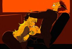 1boy 1boy1girl 1girls adam_taurus ai_generated big_ass big_breasts big_penis blonde_hair breasts chair closed_eyes female gripping_hair gritted_teeth hands_in_hair horns male mechanical_arm paizuri penis purple_eyes red_hair rwby sitting yang_xiao_long