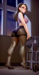 absurdres ass bare_arms bare_shoulders black_pantyhose black_shoes bra breasts brown-framed_eyewear brown_hair chair classroom commentary desk earrings english_commentary evening female from_side full_body glasses half_updo high_heels highres indoors jacket jewelry kairuhentai kairunoburogu kneepits large_breasts large_variant_set long_hair looking_at_viewer miru_tights no_shirt okuzumi_yuiko panties panties_under_pantyhose pantyhose purple_bra purple_panties school_desk semi-rimless_eyewear shoes smile solo standing teacher thighband_pantyhose tiptoes under-rim_eyewear underwear unworn_jacket unworn_shoes variant_set window
