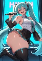 1girls ai_generated ass blue_eyes blue_hair breasts bubble_butt female gilndo8 hatsune_miku huge_ass large_ass long_hair microphone skirt solo tattoo thick_thighs thighhighs tie twintails vocaloid