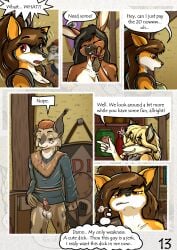 absurd_res anthro brown_hair canid canine canis comic domestic_dog english_text fantasy felid feline female fur genitals german_spitz hair hi_res large_spitz long_hair lynx madlaine_mckraven male mammal medieval penis prostitution red_eyes sex spitz text the_quest_for_quests tqfq white_body white_fur yellow_body yellow_fur zaiksmckraven