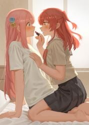 2girls bedroom_background bocchi_the_rock! closed_mouth cute gotou_hitori grab_breasts kita_ikuyo lipstick looking_at_each_other on_bed open_eyes open_mouth pink_hair pink_hair_female red_hair red_hair_female sailor_uniform school_uniform sitting_on_lap skirt touching_breast white_shirt wholesome yuri