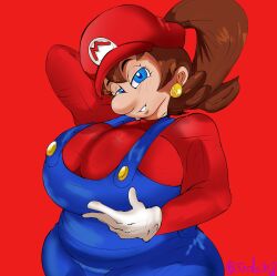 big_breasts breasts breasts_bigger_than_head female hand_on_breast hands_behind_head hat hips huge_breasts maria_(detnox) mariette mario_(series) mr.daih nintendo overalls ponytail tits_bigger_than_head