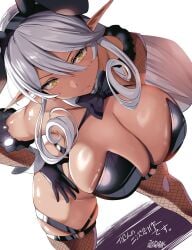 1girls animal_ears artist_name belko black_gloves black_leotard breasts character_request cleavage dark-skinned_female dark_elf dark_skin dated elf fake_animal_ears fishnet_thighhighs fishnets gloves grey_hair hair_between_eyes hand_on_own_hip hi_res highres huge_breasts leotard long_hair looking_at_viewer original playboy_bunny pointy_ears rabbit_ears simple_background thick_thighs thighhighs thighs white_background wide_hips wrist_cuffs yellow_eyes