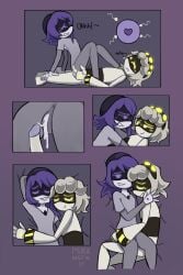 absurd_res after_sex afterglow anus bodily_fluids comic cuddling cum cum_inside female genital_fluids glitch_productions hair hi_res impregnation male male/female mikansfw murder_drones n_(murder_drones) nori_(murder_drones) nude partial_nudity purple_eyes purple_hair simple_background sleeping vaginal_penetration white_body white_hair yellow_eyes
