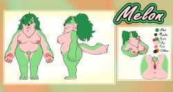 anthro breasts bullelewds canine chubby earrings female furry grabbing grabbing_own_breast green_body green_fur green_hair long_hair melon_(cringebird) overweight pussy reference_image reference_sheet tagme tit_grab tongue tongue_out vagina