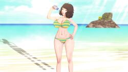 1girls 3d beach bikini bikini_bottom bikini_top brown_hair drinking female female_only koikatsu oshino3d persona persona_5 sadayo_kawakami sweat water