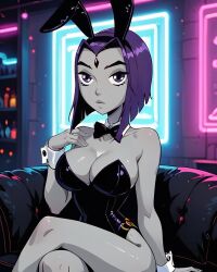 2025 ai_generated badbunnywaifu black_eyebrows black_necktie black_swimsuit bunny_ears bunnysuit cartoon_network dc dc_comics gray_body grey_skin instagram jewel_on_forehead meta nightclub purple_eyes purple_hair raven_(teen_titans) teen_titans white_bracelets