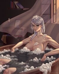 2d bath bathing big_breasts braid breasts cd_projekt_red ciri completely_nude female foam green_eyes light-skinned_female looking_at_viewer mascara nude scar solo solo_female solyanka the_witcher_(series) the_witcher_4 wet_body white_hair