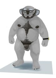 anthro balls beard belly big_breasts big_ears body_hair breasts clock eli_the_koala eyewear facial_hair genitals glasses hi_res koala male mammal marsupial moronsuka moustache nevel nipples penis size_difference smaller_male solo vombatiform