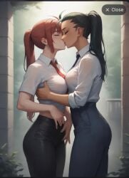ai_generated boobs_and_butt_pose boobs_pressed breasts business_suit business_woman gay kissing lesbian_couple lesbian_domination lesbian_focus lesbian_kiss lesbian_seduction makima_(chainsaw_man) nemona_(pokemon) tongue_fucking tongue_kiss white_shirt yuri