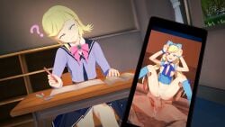 1boy 1girls 3d ? blonde_hair blue_eyes censored closed_eyes female hair_ribbon hi_res highres himitsu_no_aipri hoshikawa_mitsuki idol juxtaposition koikatsu koikatsu_(medium) light-skinned_female light_skin long_hair male pretty_(series) pretty_series reverse_cowgirl_position s_(pixiv_841731) school_uniform sex sex_from_behind straight syn_sophia takara_tomy