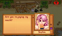 1girls 2d 2d_animation :>= animated begging_for_more begging_to_cum blue_eyes cum_begging cute deepthroat dirty_talk eye_contact hand_on_head head_grab oral oral_sex petite pink_hair pixel_animation pixel_art pov sophia_(stardew_valley) stardew_valley stardew_valley_expanded theevilfallenone throat_barrier throat_fuck