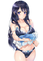 2010s 3: bangs bare_arms black_hair blue_bow blue_bra blue_panties blue_sailor_collar blue_underwear blush bow bow_bra bow_panties bra breast_hold breasts clavicle cleavage closed_mouth clothing cowboy_shot crossed_arms embarrassed eyebrows_visible_through_hair female female groin hair_over_shoulder hand_on_arm hand_on_own_arm hibike!_euphonium high_resolution holding_arm holding_shirt kousaka_reina large_breasts light-skinned light-skinned_female long_hair looking_to_the_side nagayori navel off_shoulder pantsu partially_clothed partially_undressed polka_dot polka_dot_bra polka_dot_panties polka_dot_underwear purple_eyes purple_hair sailor_shirt school_uniform serafuku shiny shiny_skin side_glance simple_background solo strap_slip tagme thighs underwear underwear_only white_background