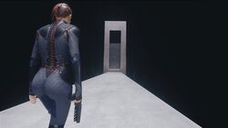 1girls 3d alternate_costume ass backside bodysuit butt control curvaceous female female_only firearm fully_clothed handgun jesse_faden red_hair screenshot skin_tight solo thighs weapon