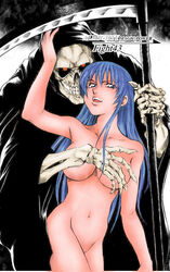 blue_eyes blue_hair breasts breasts_out colored covering covering_breasts gamble_fish hand_on_head long_hair mayo_hanasaki naked nude scythe thighs third-party_edit